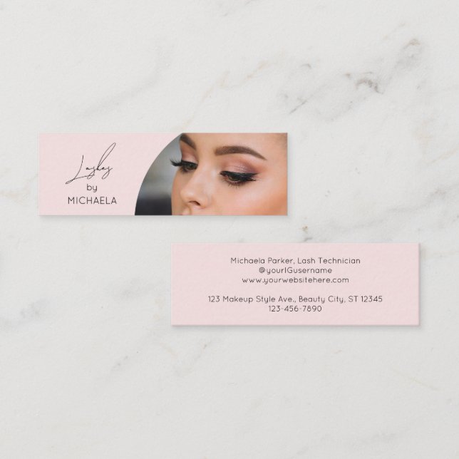 Blush Pink Black Script Photo Lashes Mini Business Card (Front/Back)