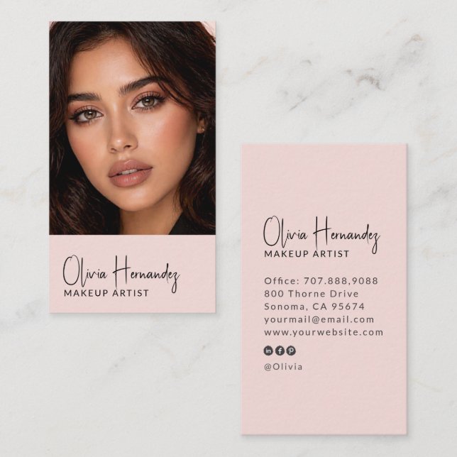 Blush Pink Black Script Photo Makeup Artist Business Card (Front/Back)