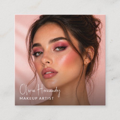 Blush Pink Black Script Photo Makeup Artist Square Business Card