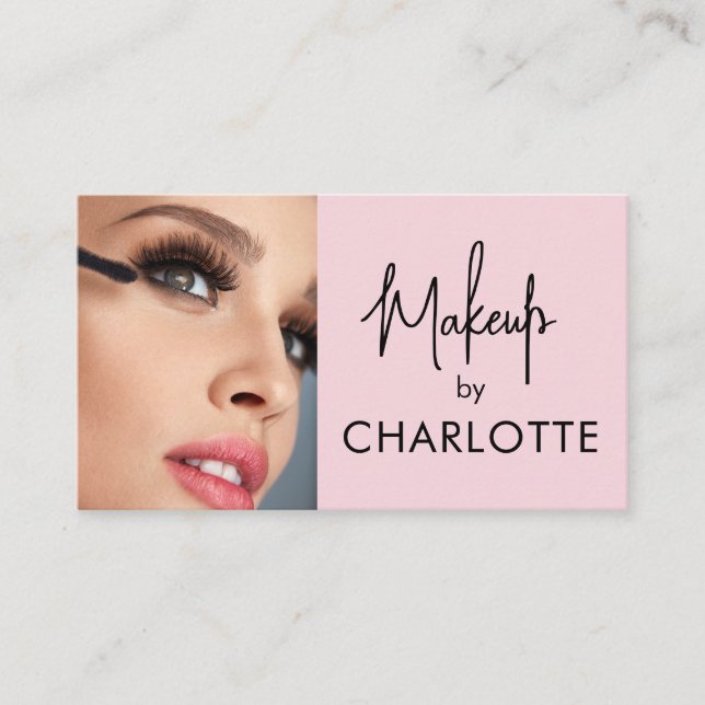 Blush Pink Black Script Photo Makeup Business Card (Front)