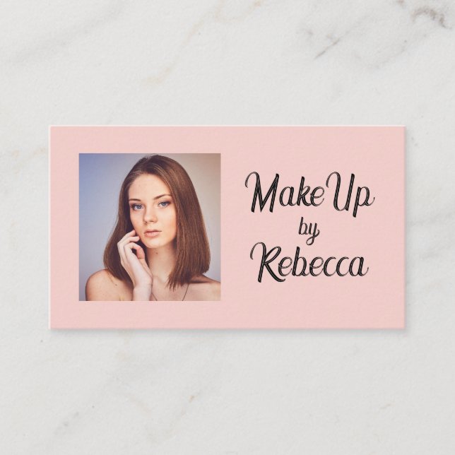 Blush Pink Black Script Photo Makeup Business Card (Front)