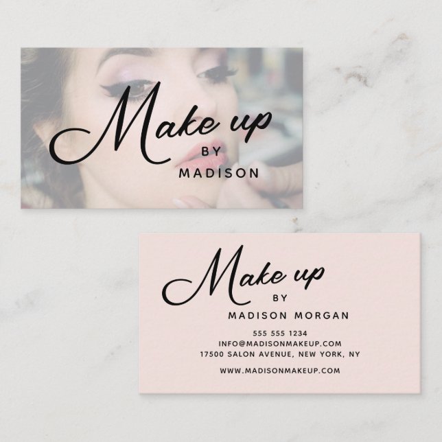 Blush Pink Black Script Photo Makeup Business Card (Front/Back)