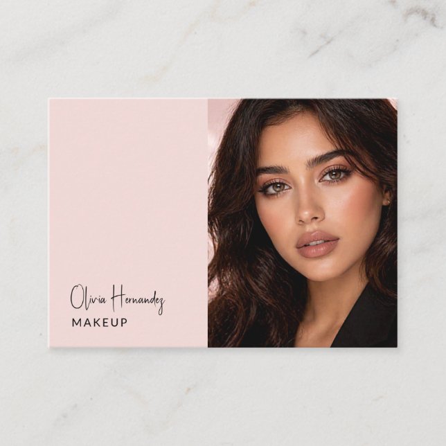 Blush Pink Black Script Photo Makeup Business Card (Front)