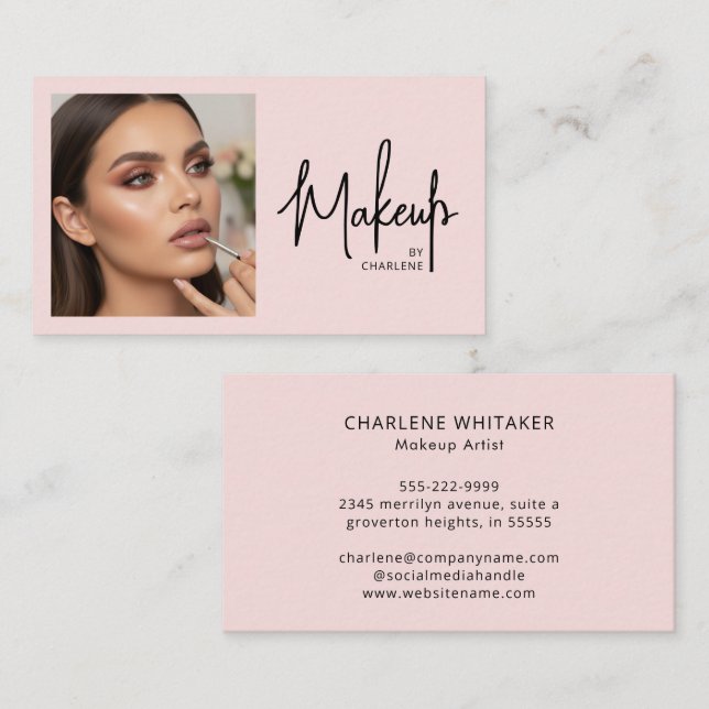 Blush Pink Black Script Photo Makeup Business Card (Front/Back)
