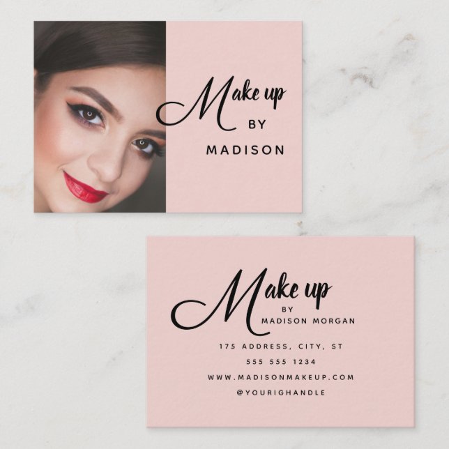 Blush Pink Black Script Photo Makeup Business Card (Front/Back)