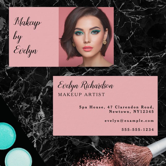 Blush Pink Black Script Photo Makeup Business Card (A stylish business card for a makeup artist, with custom photo and personalized text details)