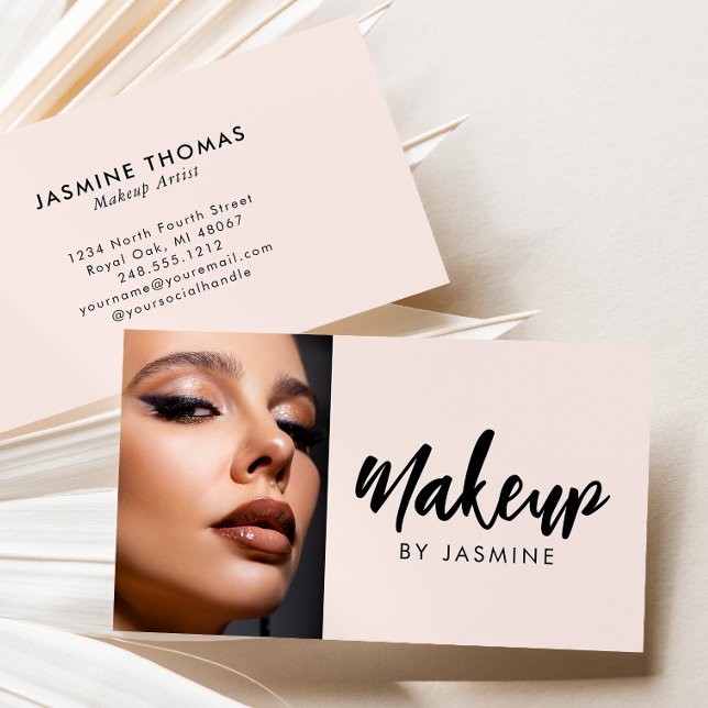 Blush Pink Black Script Photo Makeup Business Card (Creator Uploaded)