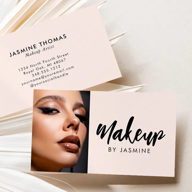 Marked Script Makeup Blush Pink Black Script Photo Makeup Business Card | Zazzle