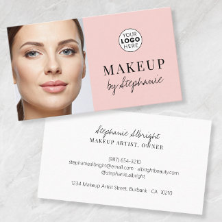 Blush Pink Black Script Photo Makeup Business Card