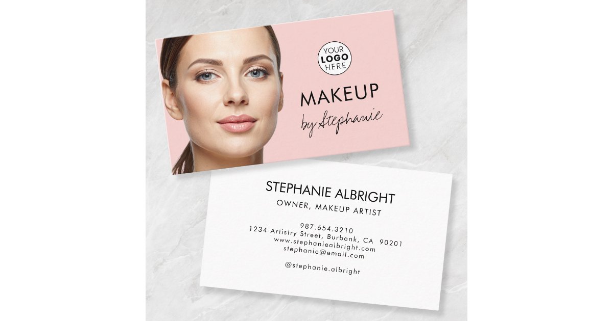 Marked Script Makeup Blush Pink Black Script Photo Makeup Business Card | Zazzle