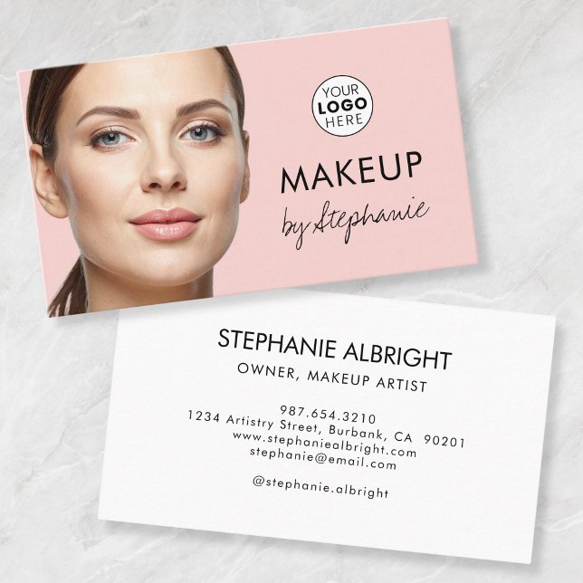 Blush Pink Black Script Photo Makeup Business Card (Creator Uploaded)