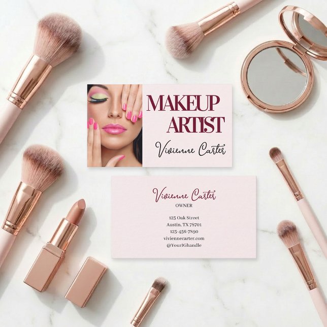Blush Pink Black Script Photo Makeup Business Card (Makeup Artist Blush Pink Business Card with Photo)