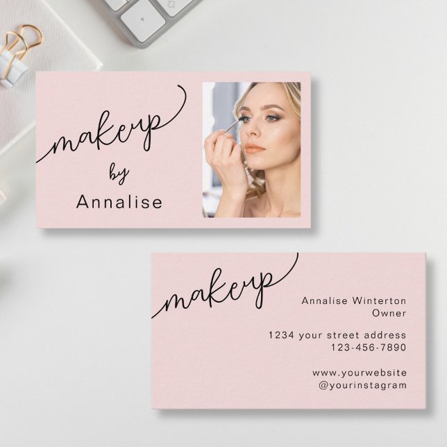 Blush Pink Black Script Photo Makeup Business Card (Creator Uploaded)