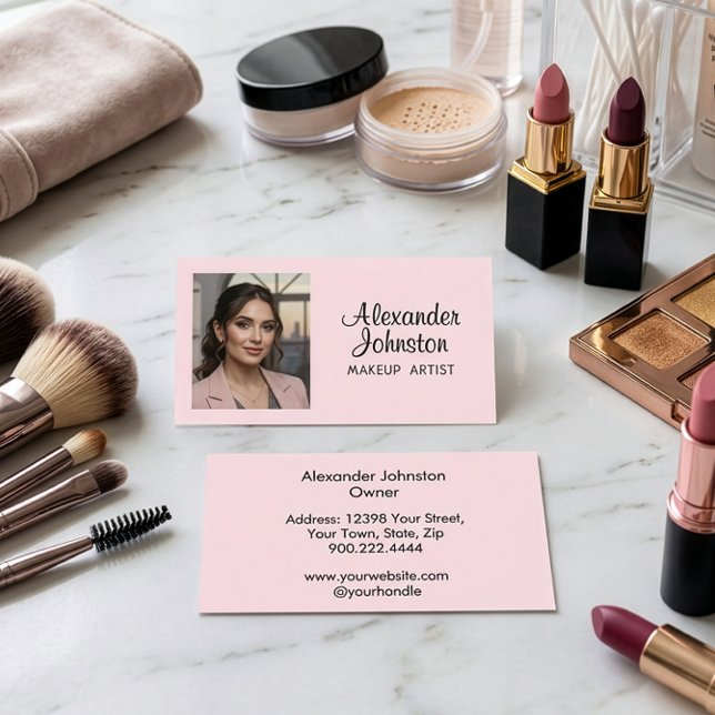 Blush Pink Black Script Photo Makeup Business Card (Blush Pink Black Script Photo Makeup Bussiness Card)