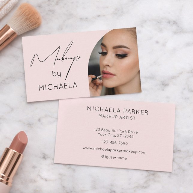 Blush Pink Black Script Photo Makeup  Business Card (Creator Uploaded)