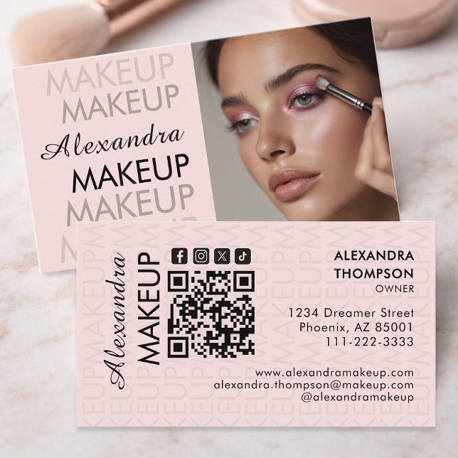 Blush Pink Black Script Photo Makeup  Business Card (Creator Uploaded)