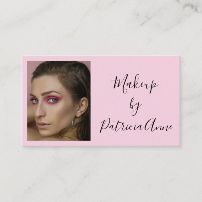 Blush Pink Black Script Photo Makeup Business Card (Front)