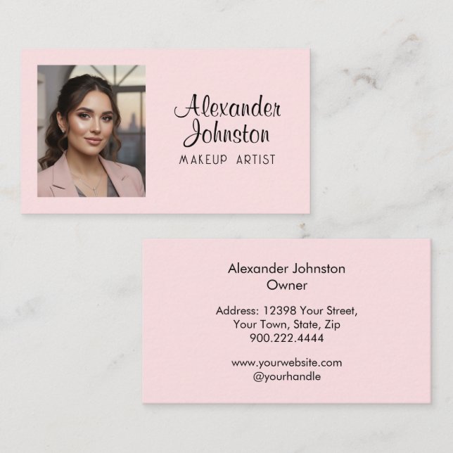 Blush Pink Black Script Photo Makeup Business Card (Front/Back)