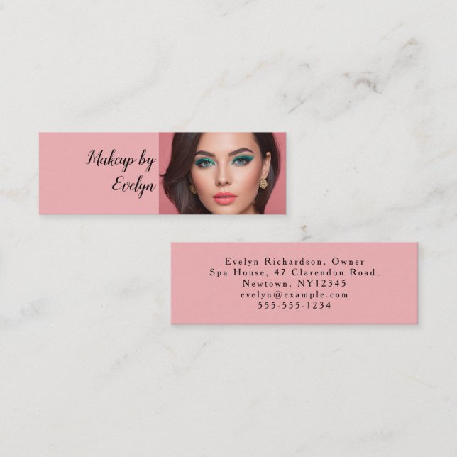 Blush Pink Black Script Photo Makeup Mini Business Card (Front/Back)
