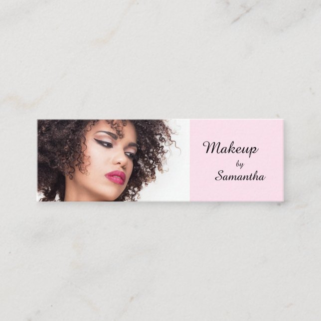 Blush Pink Black Script Photo Makeup Mini Business Card (Front)