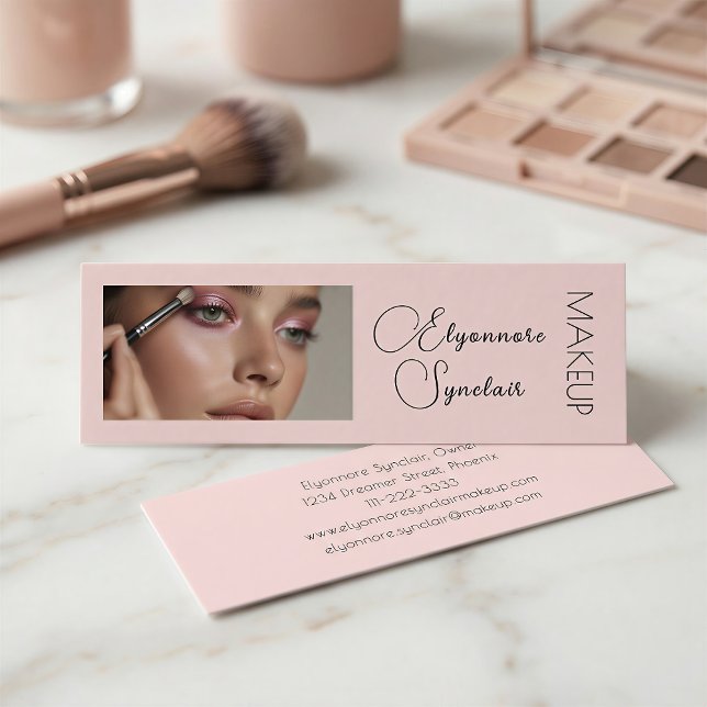 Blush Pink Black Script Photo Makeup Mini  Business Card (Creator Uploaded)
