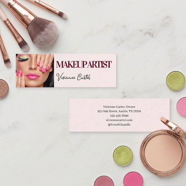 Blush Pink Black Script Photo Makeup Mini Business Card (Makeup Artist Blush Pink Business Card with Photo)