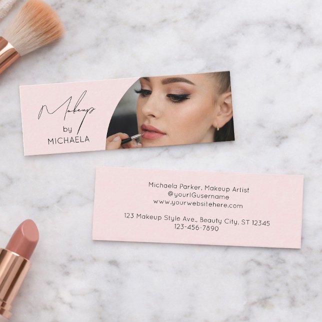 Blush Pink Black Script Photo Makeup Mini Business Card (Creator Uploaded)
