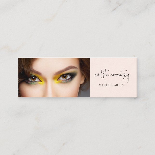 Blush Pink Black Script Photo Makeup Mini Business Card (Front)