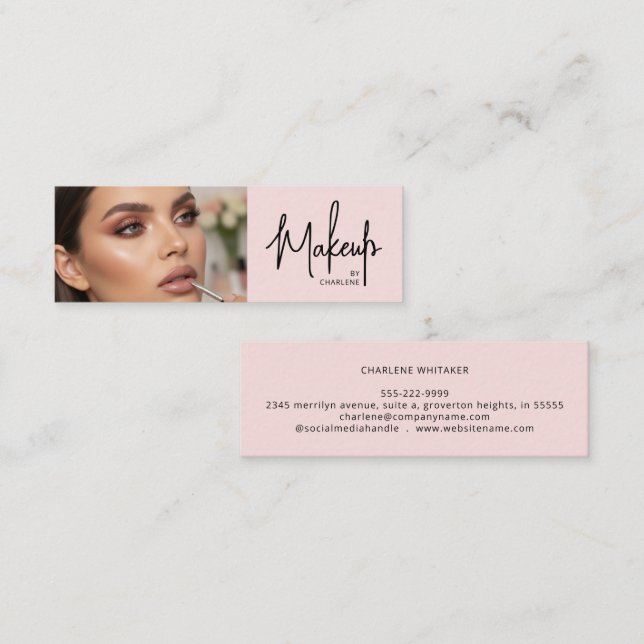 Blush Pink Black Script Photo Makeup Mini Business Card (Front/Back)