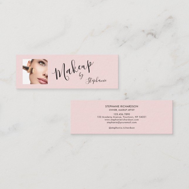 Blush Pink Black Script Photo Makeup  Mini Business Card (Front/Back)