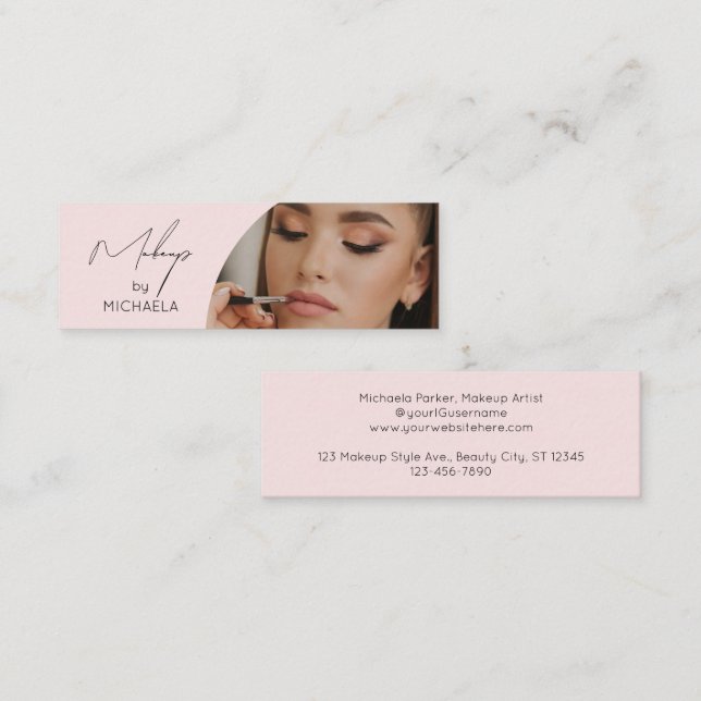 Blush Pink Black Script Photo Makeup Modern Mini Business Card (Front/Back)
