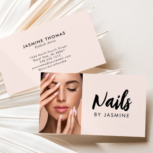 Blush Pink Black Script Photo Nail Specialist Business Card
