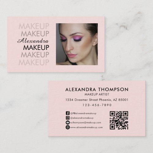 Blush Pink Black Script Photo Qr Code Makeup Business Card