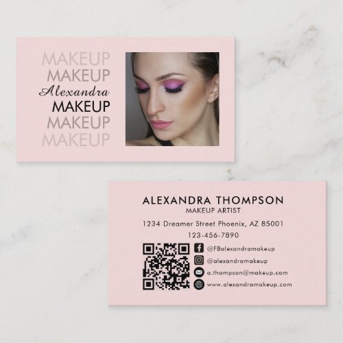 Blush Pink Black Script Photo Qr Code Social Icon Business Card