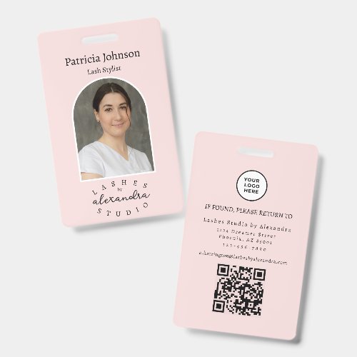 Blush Pink Black Script Photo QR Lashes Staff Badge