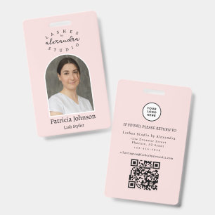 Blush Pink Black Script Photo QR Lashes Staff Badge