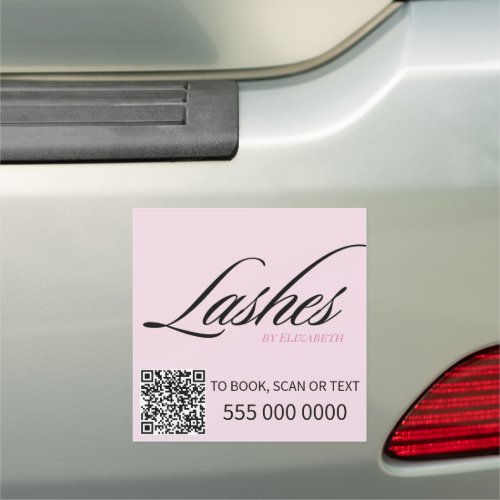 Blush Pink Black Script QR Code Lashes Business Car Magnet