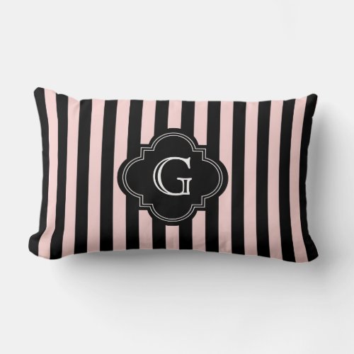 Blush Pink Black Stripe Pattern Monogram Lumbar Pillow