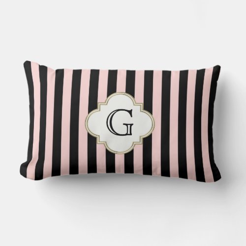 Blush Pink Black Stripe White Monogram Label Lumbar Pillow