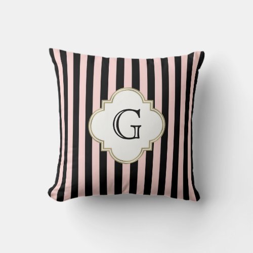 Blush Pink Black Stripe White Monogram Label Throw Pillow
