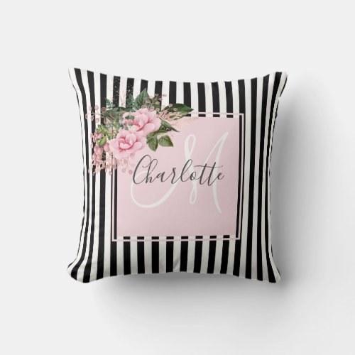 Blush pink black stripes floral monogram  throw pillow