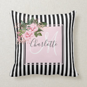 Blush pink black stripes floral monogram throw pillow