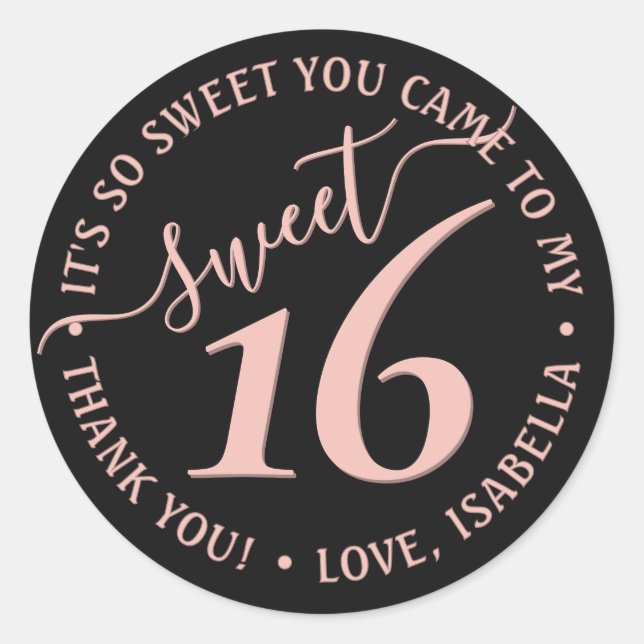 Blush Pink Black Sweet 16th Birthday Party Favor Classic Round Sticker (Front)