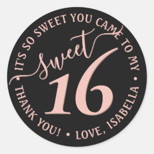 Blush Pink Black Sweet 16th Birthday Party Favor Classic Round Sticker