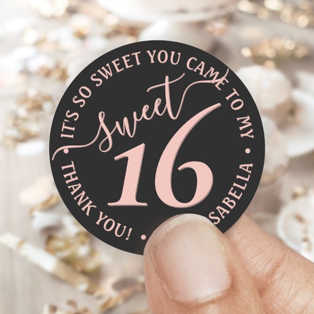 Blush Pink Black Sweet 16th Birthday Party Favor Classic Round Sticker (Creator Uploaded)