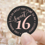 Blush Pink Black Sweet 16th Birthday Party Favor Classic Round Sticker<br><div class="desc">Add a chic and trendy finishing touch to envelopes and favors with these pink and black sweet 16th birthday party round stickers. Design features a girly blush pink handwritten style script typography on a modern black background. Text in a circle is simple to customize. These elegant labels make a stylish...</div>
