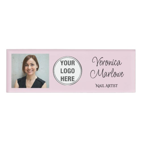 Blush Pink Black Typography Logo Photo Nail Salon Name Tag