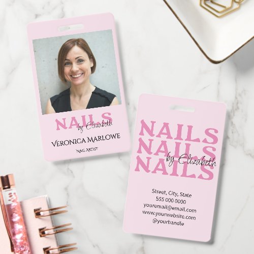 Blush Pink Black Typography Photo Nail Salon Badge