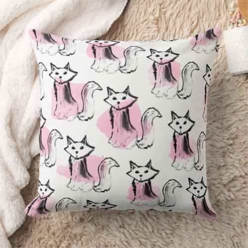 Blush pink black watercolor brushstrokes cat throw throw pillow