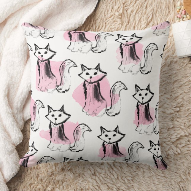 Blush pink black watercolor brushstrokes cat throw throw pillow (Blanket)